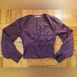 Satin V-Neck Long Sleeve Top - Plum